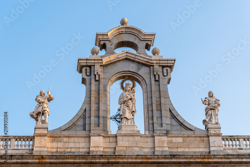 Almudena Cathedral of Madrid. Virgin Sculpture above entrance