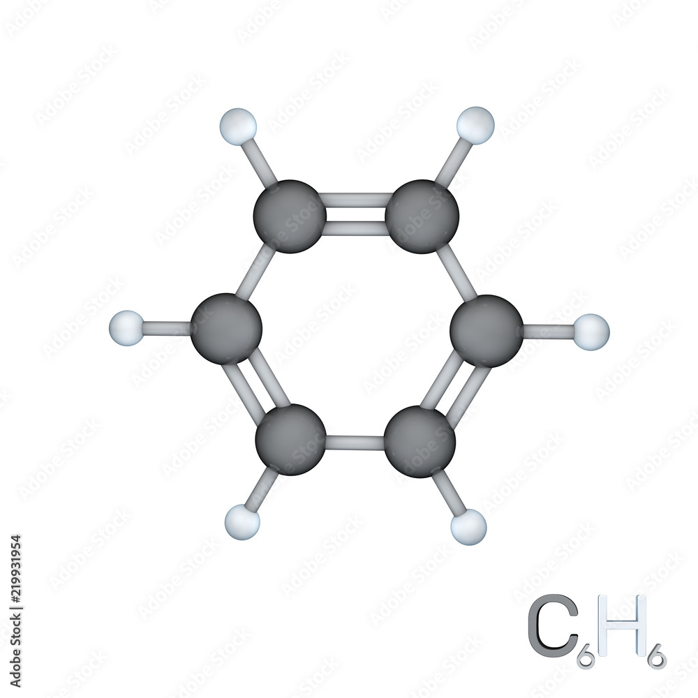 Benzene model molecule. Isolated on white background. 3D rendering illustration. Benzene model molecule. Isolated on white background. 3D rendering illustration.