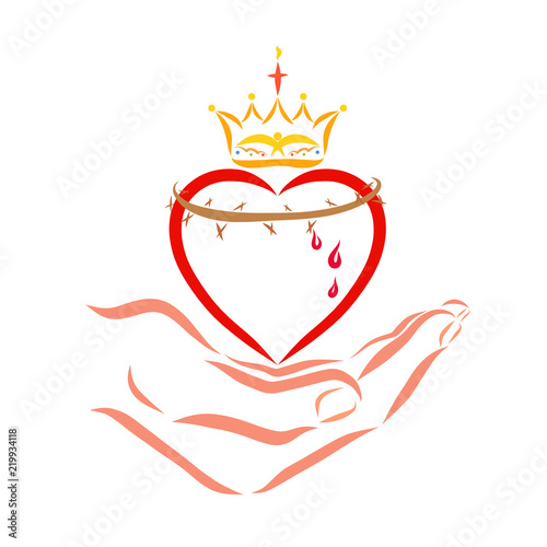 Heart with a crown and crown of thorns in the hand of the Savior