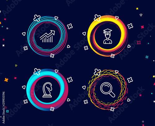 Set of Student, Marketing strategy and Demand curve icons. Search sign. Graduation cap, Chess knight, Statistical report. Magnifying glass.  Circle banners with line icons. Gradient colors shapes
