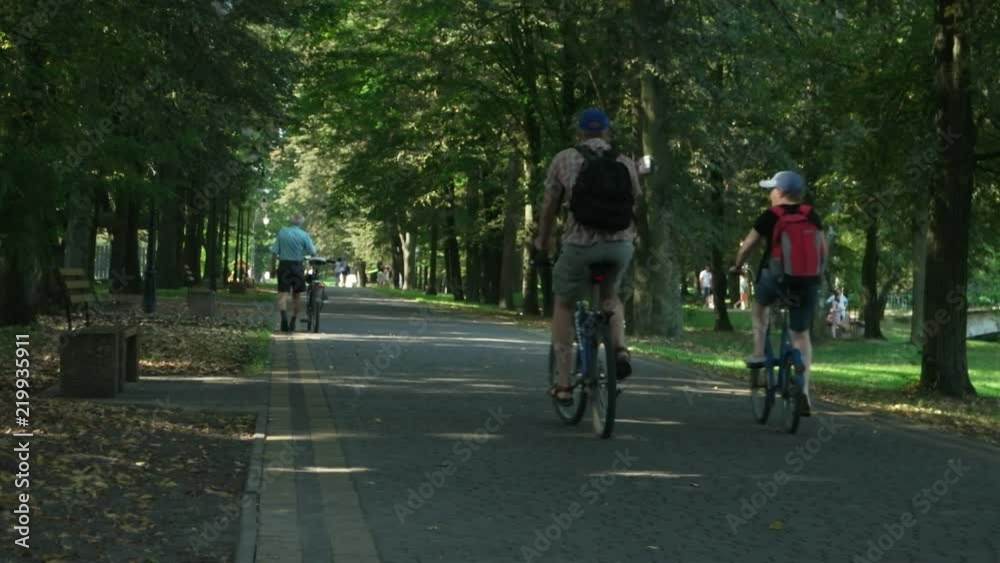 People ride a bicycle in a park amongst green trees in a summer sunny day People ride a bicycle in a park amongst green trees in a summer sunny day