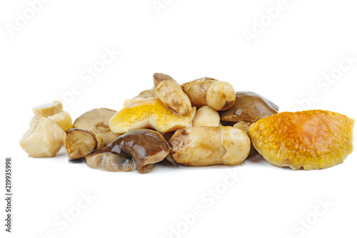 Pile of marinated birch bolete mushrooms isolated on a white background