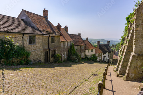 Golden Hill Shaftsbury on a sunny day with blue sky, England Dorset photo