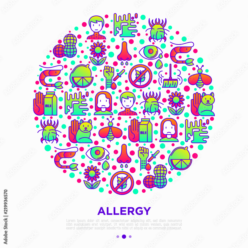 Allergy concept in circle with thin line icons: runny nose, dust ...