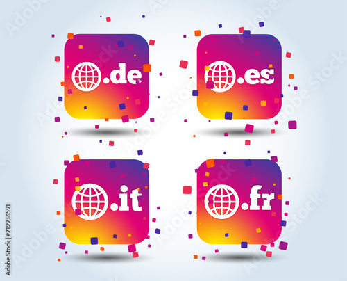 Top-level internet domain icons. De, It, Es and Fr symbols with globe. Unique national DNS names. Colour gradient square buttons. Flat design concept. Vector