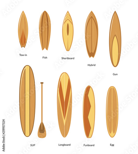 Surfboards with Wooden Texture Set Surfers Equipment. Vector