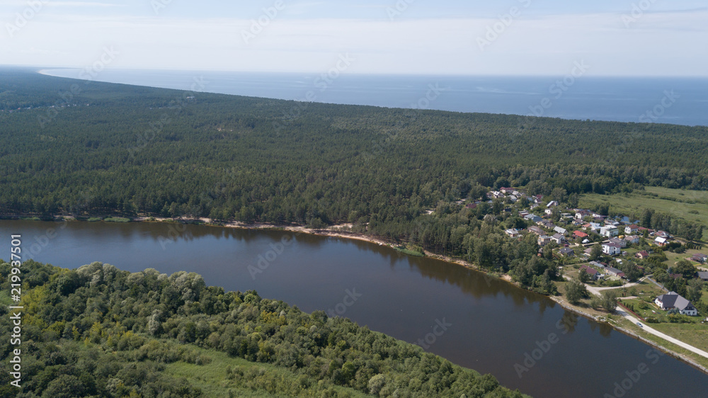 Gauja river Latvia drain into Baltic Sea aerial drone top view Gauja river Latvia drain into Baltic Sea aerial drone top view