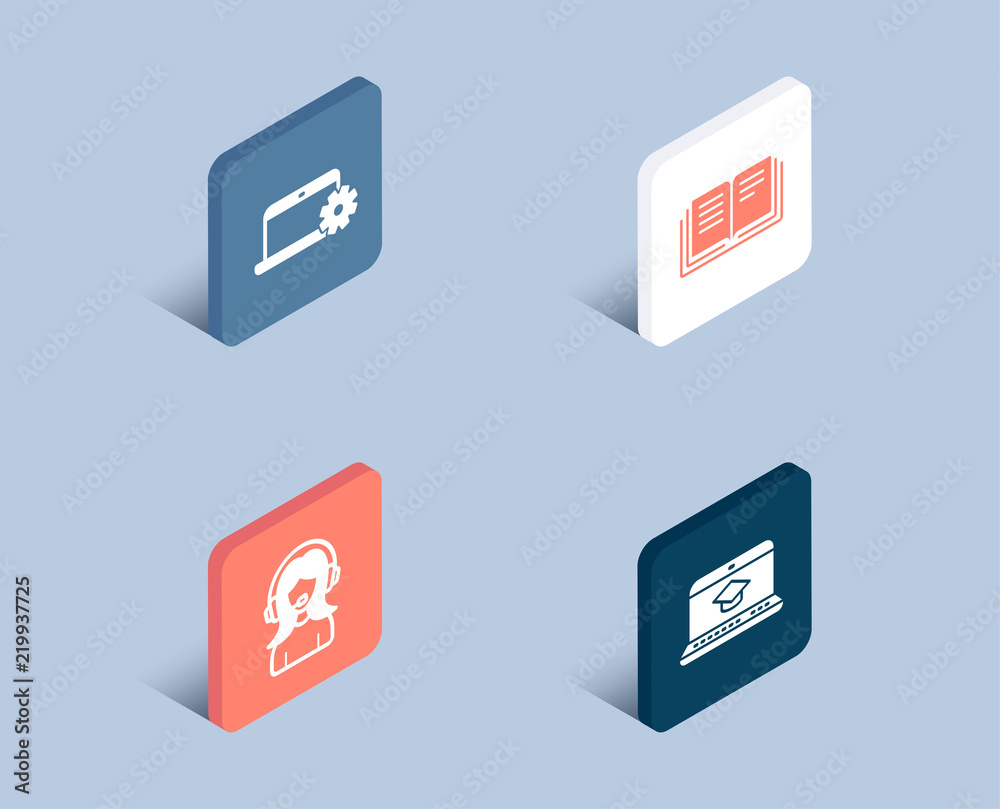 Set of Notebook service, Education and Support icons. Website education sign. Computer repair, Instruction book, Call center. Video learning. 3d isometric buttons. Flat design concept. Vector Set of Notebook service, Education and Support icons. Website education sign. Computer repair, Instruction book, Call center. Video learning. 3d isometric buttons. Flat design concept. Vector