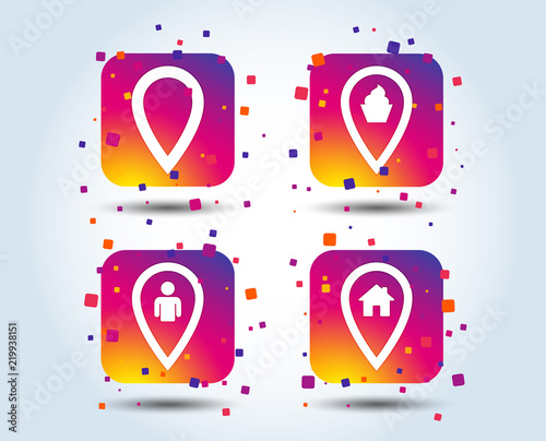 Map pointer icons. Home, food and user location symbols. Restaurant and cupcake signs. You are here. Colour gradient square buttons. Flat design concept. Vector