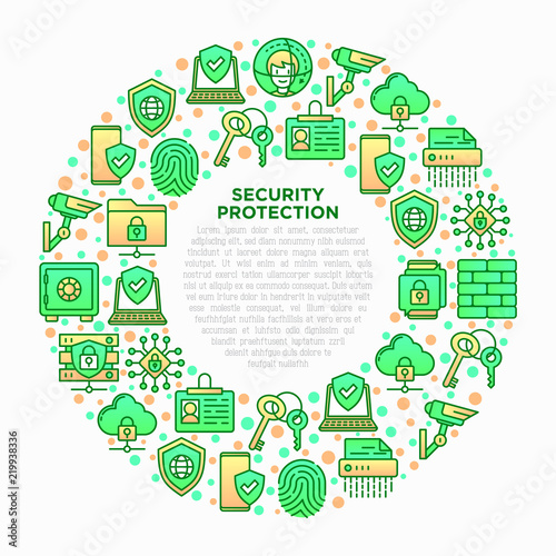 Security and protection concept in circle with thin line icons: mobile security, fingerprint, badge, firewall, face ID, secure folder, surveillance camera, encrypted messaging. Vector illustration.
