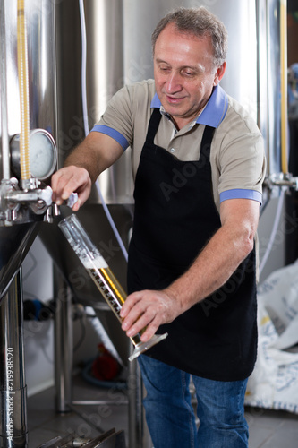 Portrait of brewer who is checking beer on his workplace