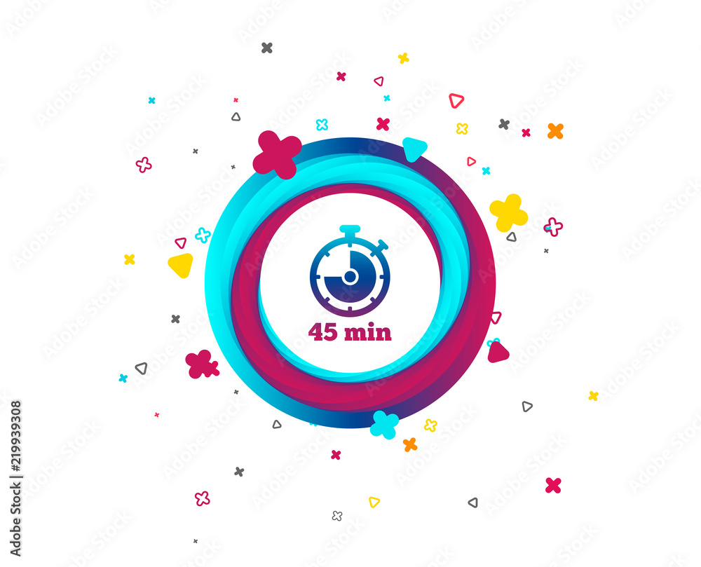 Timer sign icon. 45 minutes stopwatch symbol. Colorful button with icon. Geometric elements. Vector