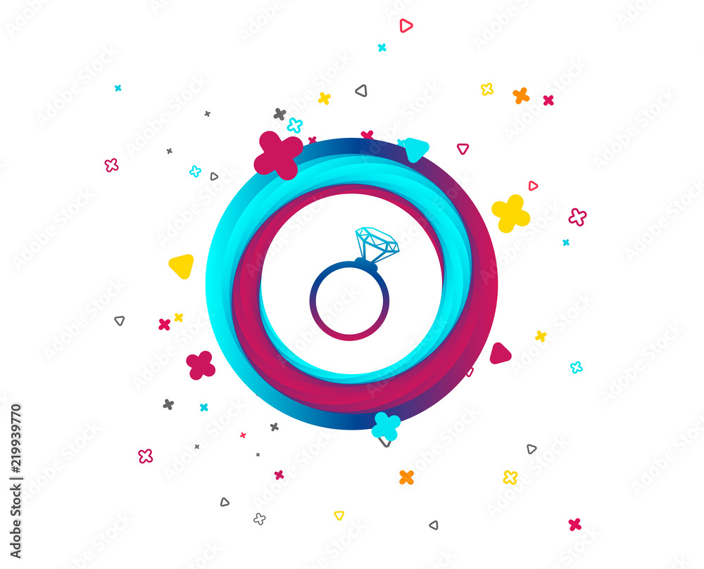 Naklejka Ring sign icon. Jewelry with diamond symbol. Wedding or engagement day symbol. Colorful button with icon. Geometric elements. Vector