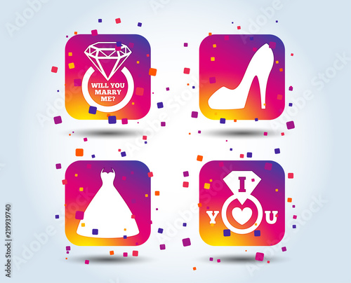 Wedding dress icon. Women's shoe symbol. Wedding or engagement day ring with diamond sign. Will you marry me? Colour gradient square buttons. Flat design concept. Vector