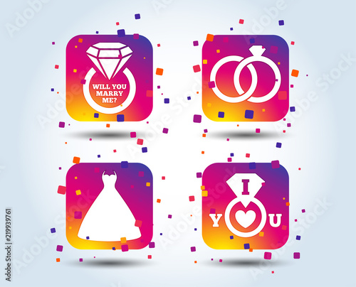 Wedding dress icon. Bride and groom rings symbol. Wedding or engagement day ring with diamond sign. Will you marry me? Colour gradient wedding square buttons. Flat design concept. Vector