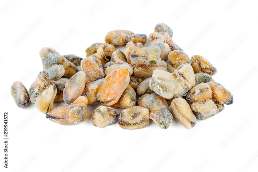 Pile of raw frozen mussels isolated on white background Pile of raw frozen mussels isolated on white background
