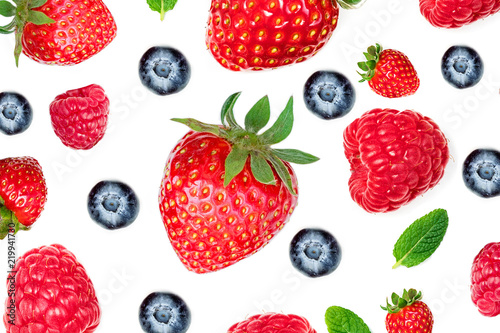 Fototapeta Naklejka Na Ścianę i Meble -  Strawberry and Raspberry Pattern. Various fresh berries isolated