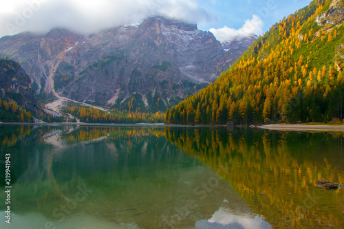 Amazing view of Braies Lake at autumn day