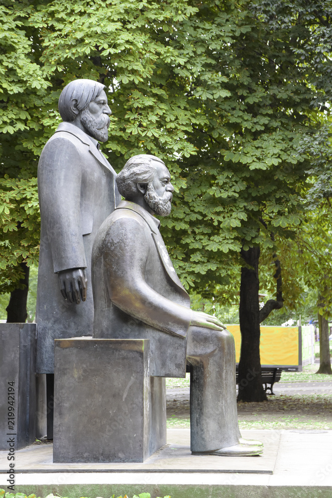 Karl Marx and Friedrich Engels monument in the Marx-Engels-Forum, a public park in the central Mitte district of Berlin, Germany
