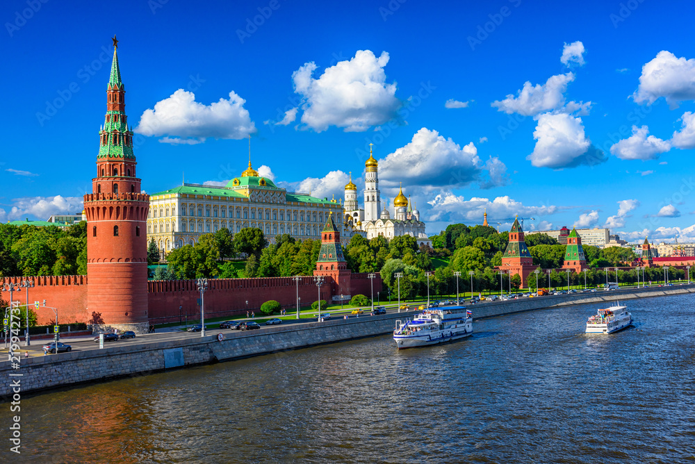 Moscow Kremlin, Kremlin Embankment and Moscow River in Moscow, Russia. Architecture and landmark of Moscow