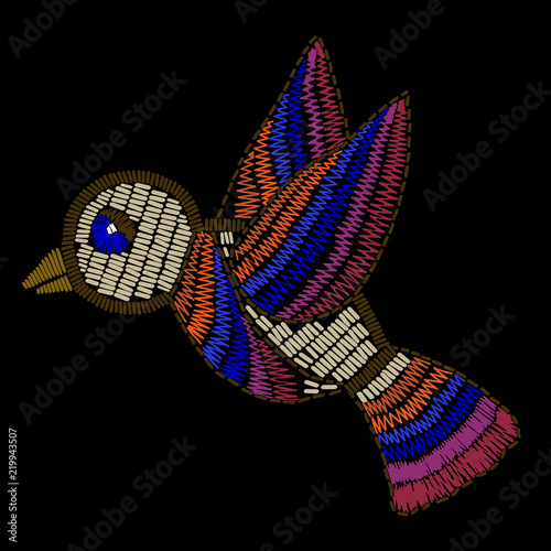 Bird embroidery stitches imitation on the black background