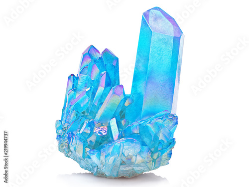 Amazing colorful Quartz Rainbow Flame Blue Aqua Aura crystal cluster closeup macro isolated on white background
