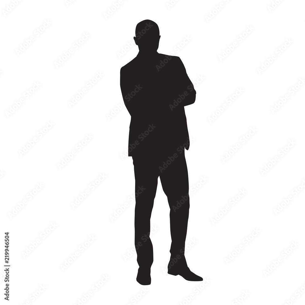 Businessman in suit standing with folded arms, isolated vector silhouette. Business people