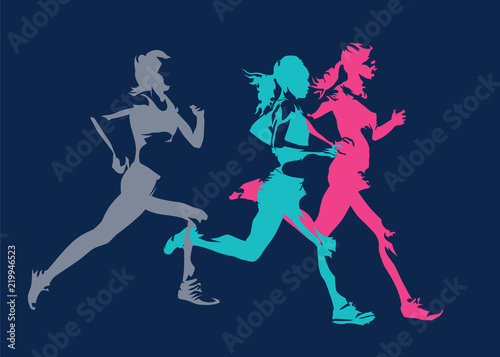 Group of running women, abstract isolated vector silhouettes