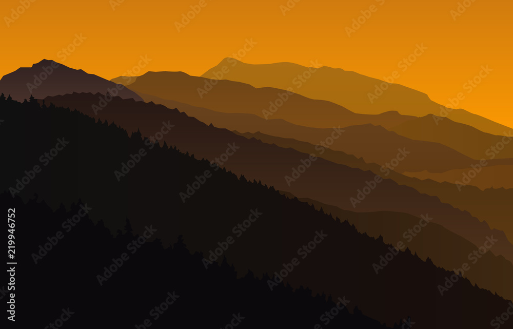 landscape with orange silhouettes of mountains vector eps 10