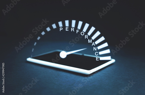 Performance speedometer on a tablet screen. Business concept