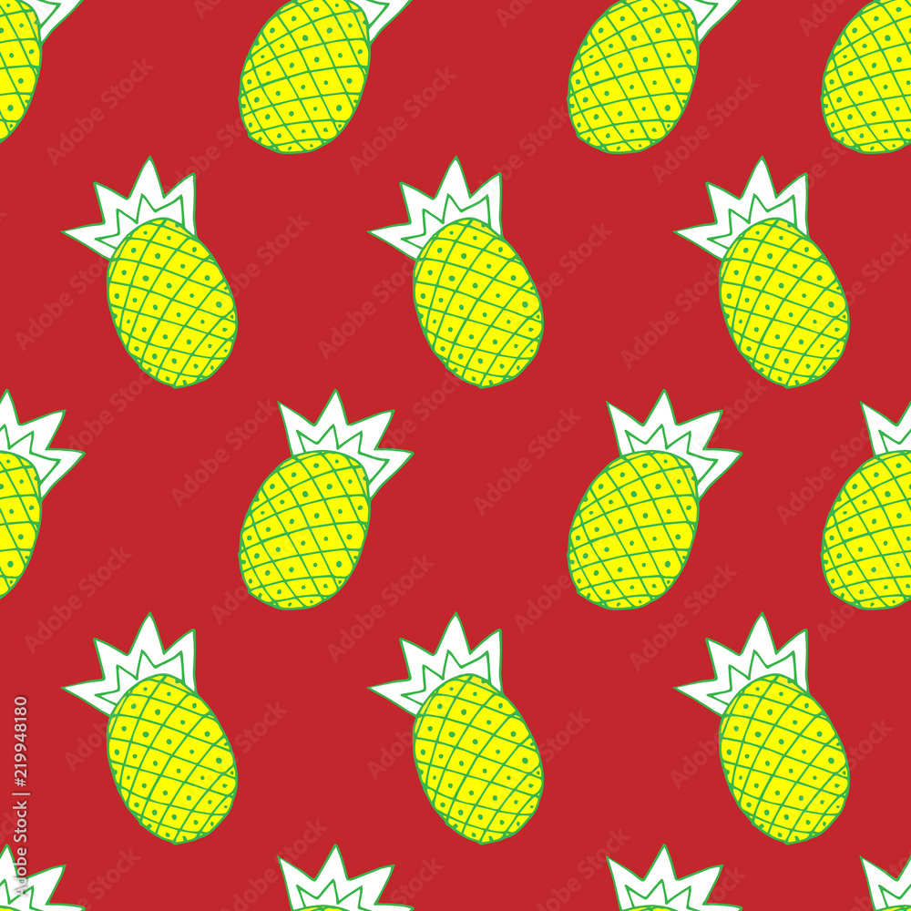 vector seamless fashionable background, illustration of pineapple on red background
