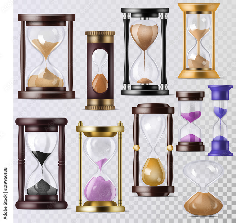 Sandglass vector glass clock with flowing sand and hourglass clocked in ...