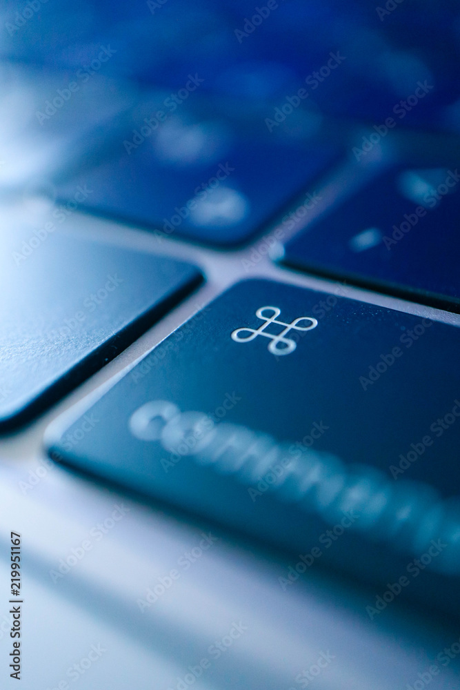 Abstract blue command button macro view. Technology, communication and business concept.