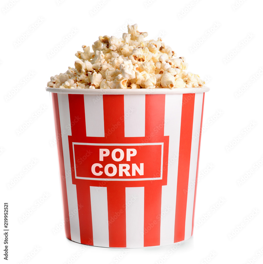 Paper bucket with tasty popcorn on white background Paper bucket with tasty popcorn on white background
