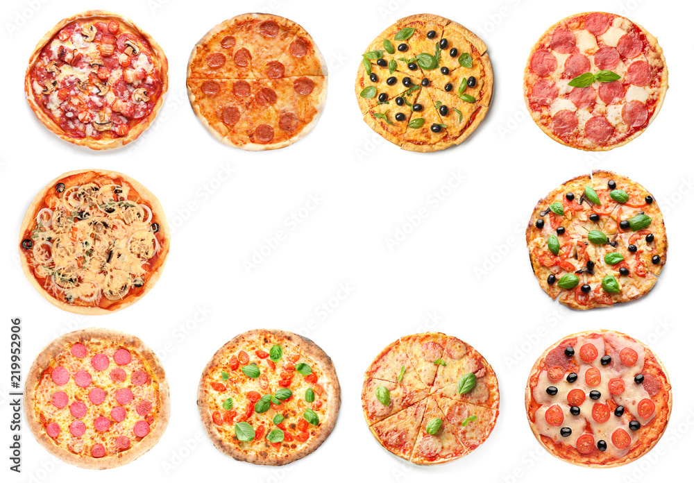 Set of tasty Italian pizzas on white background Set of tasty Italian pizzas on white background