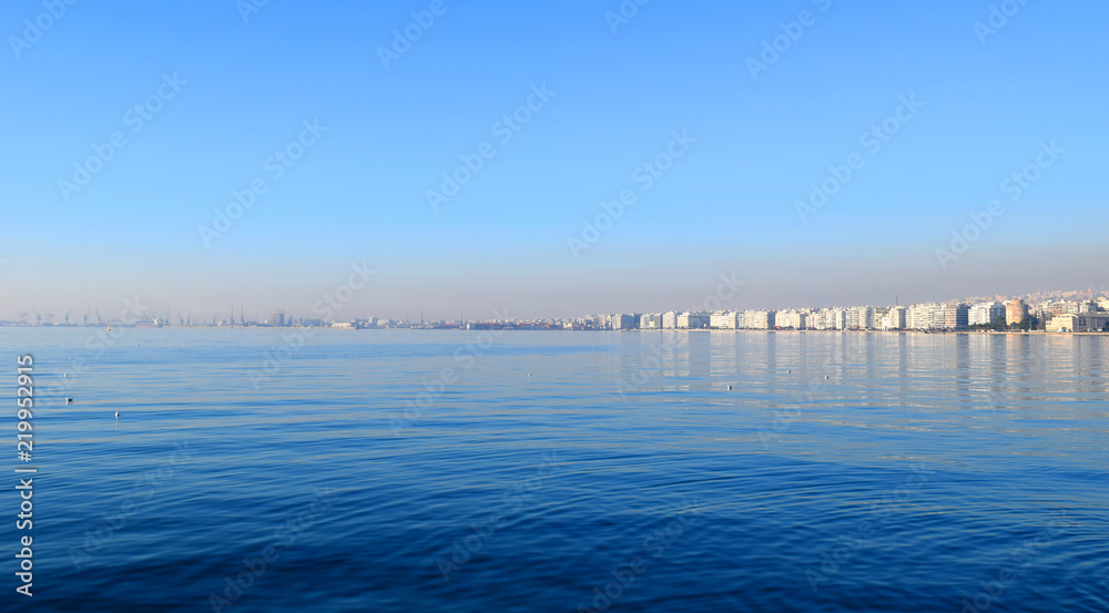 Thessaloniki seafront, Greece. Misty seascape and blue sea. 