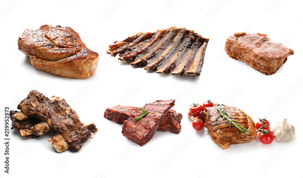 Different delicious grilled meat on white background Different delicious grilled meat on white background