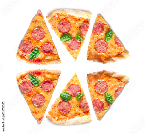 Slices of tasty Pepperoni pizza on white background
