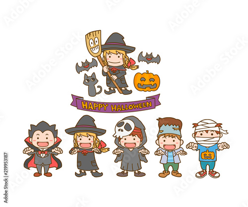 	ハロウィン　仮装　子供達　魔女　イラスト　