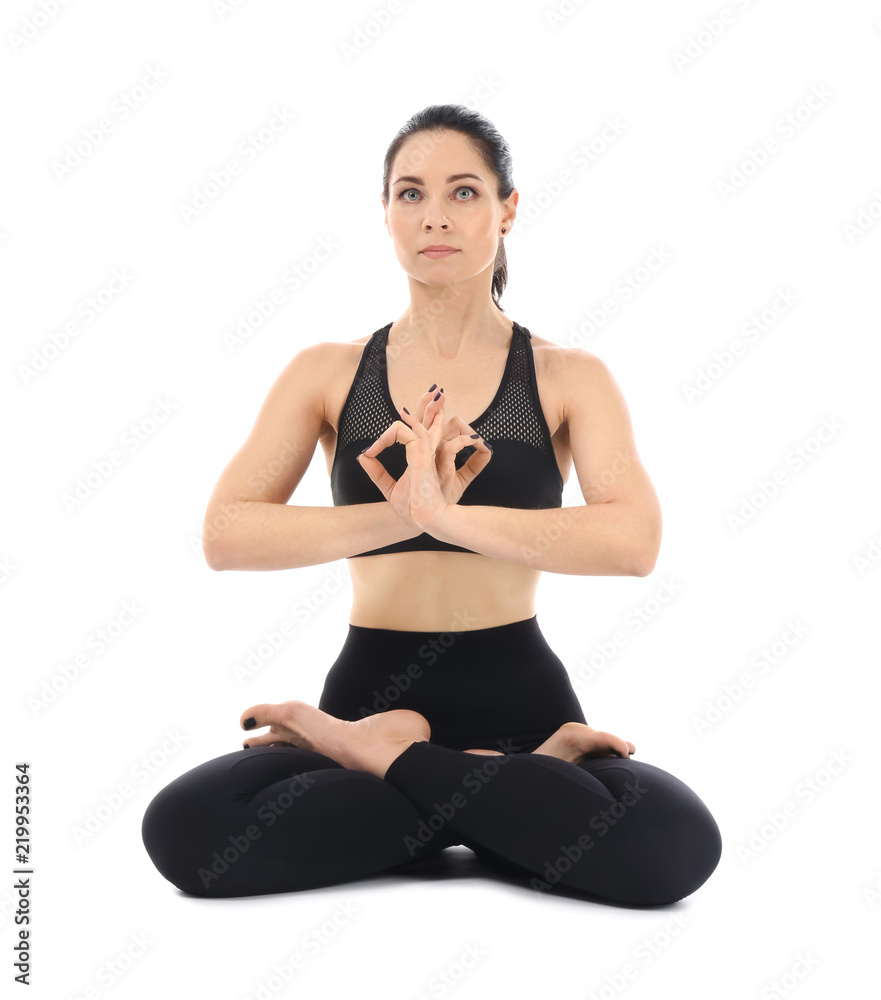 Young woman practicing yoga on white background Young woman practicing yoga on white background
