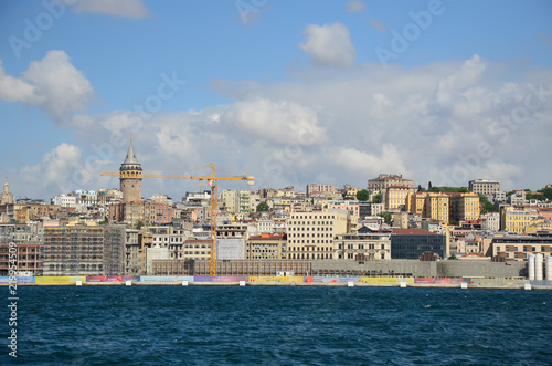 Istanbul, Turkey - MAY 12, 2018: City skyline view from ferry sail. 