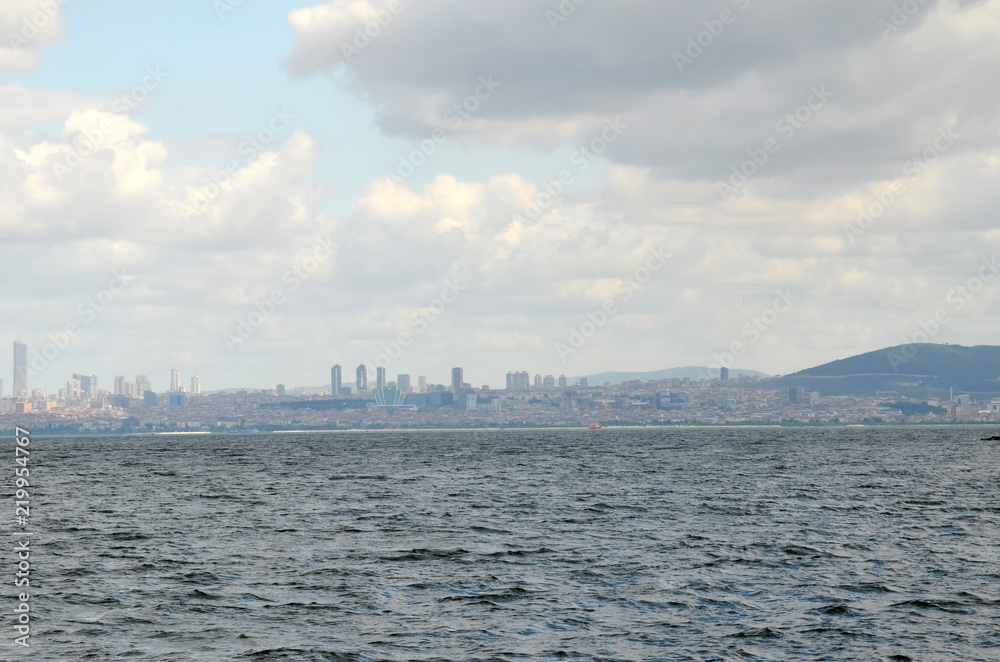 Beautiful Istanbul skyline with white clouds and blue sky. View from Prince Islands Beautiful Istanbul skyline with white clouds and blue sky. View from Prince Islands