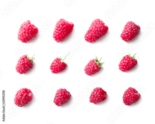 Fresh ripe raspberries on white background, top view