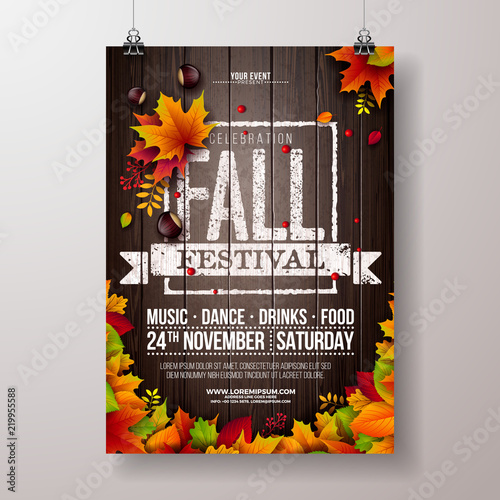 Autumn Party Flyer Illustration with falling leaves and typography design on vintage wood background. Vector Autumnal Fall Festival Design for Invitation or Holiday Celebration Poster.