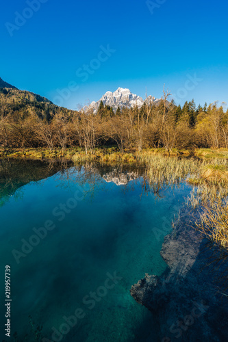 Sunrise view of Zelenci National Park and Nature reservation in Slovenia, Julian Alps. Sunset or sunrise over an alpine lake with blue water and sky. Alpine mountain landscape, river and lake.