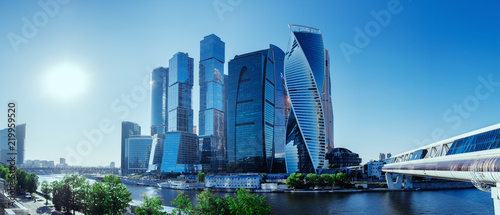 Panoramic view of Moscow-City and Moscow River. International business center in the daytime