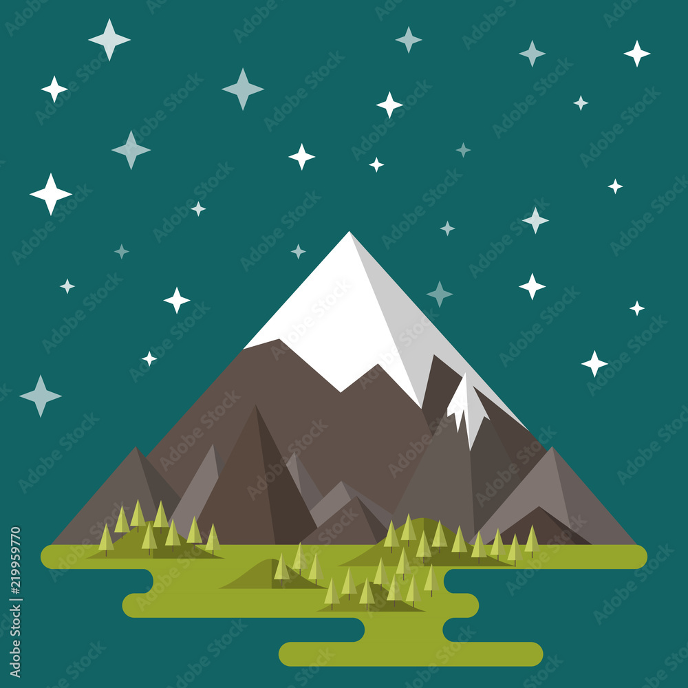 Mountain landscape. The hilly valley, the night, the stars.
