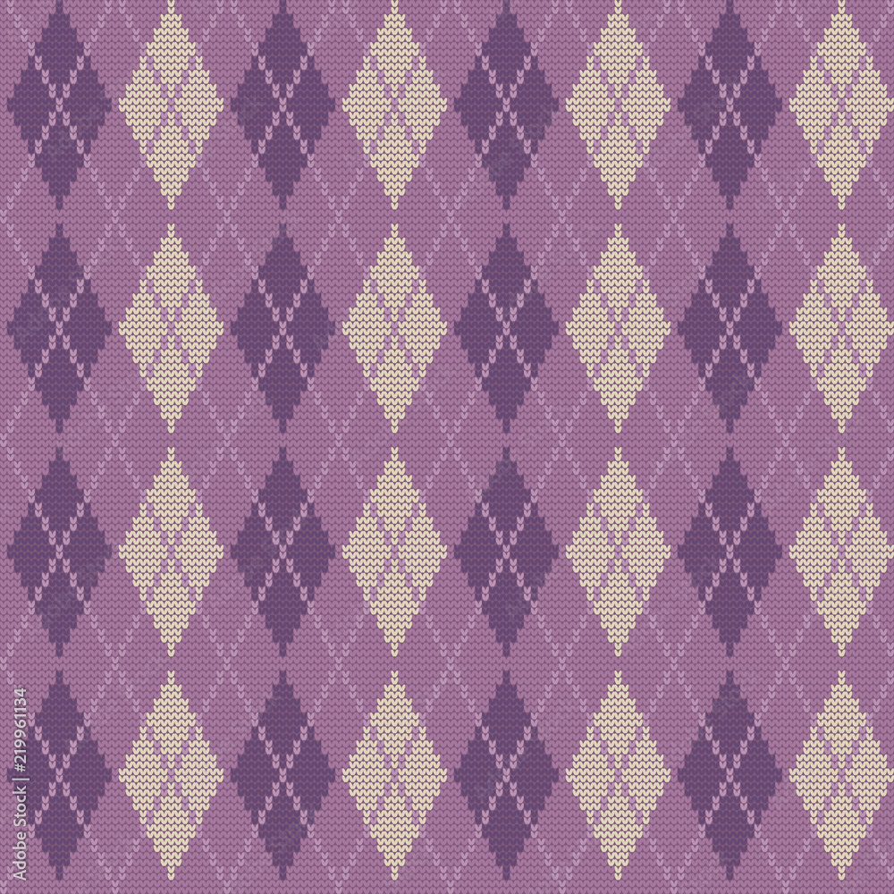 Seamless knitted pattern with rhombuses. Argyle print in purple colors. Checkered background. Vector illustration Seamless knitted pattern with rhombuses. Argyle print in purple colors. Checkered background. Vector illustration