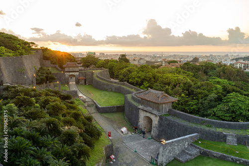 Sunset view of Protective wall on the grounds of Shuri Castle in Naha, Okinawa, Japan.
