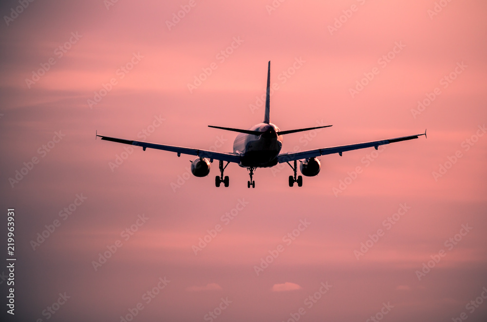 Airplane landing at sunset